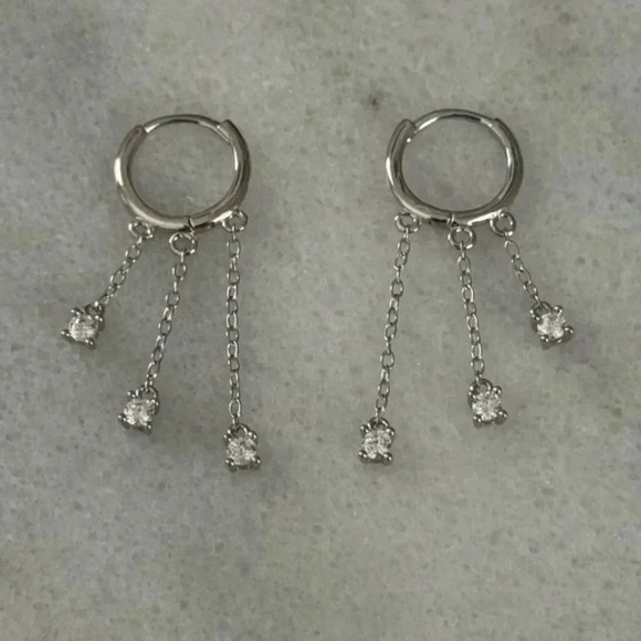 Modest Lu Jewelry - Sterling Silver Huggie Hoop Fringe Chain Crystal Hoop Earrings Brand New